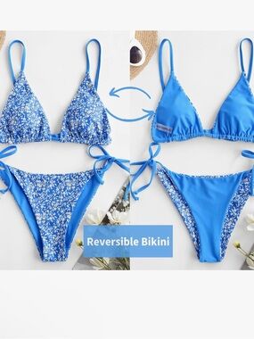 Zaful NWT M Reversible Blue Ditsy Floral sexy Triangle Bikini
